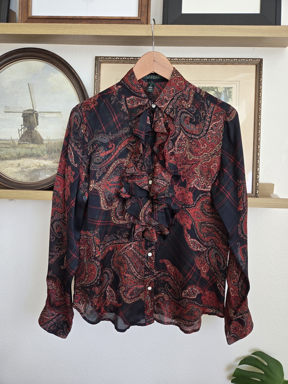 Ralph Lauren Women's 100% Silk Paisly Ruffle Blouse | Size Small